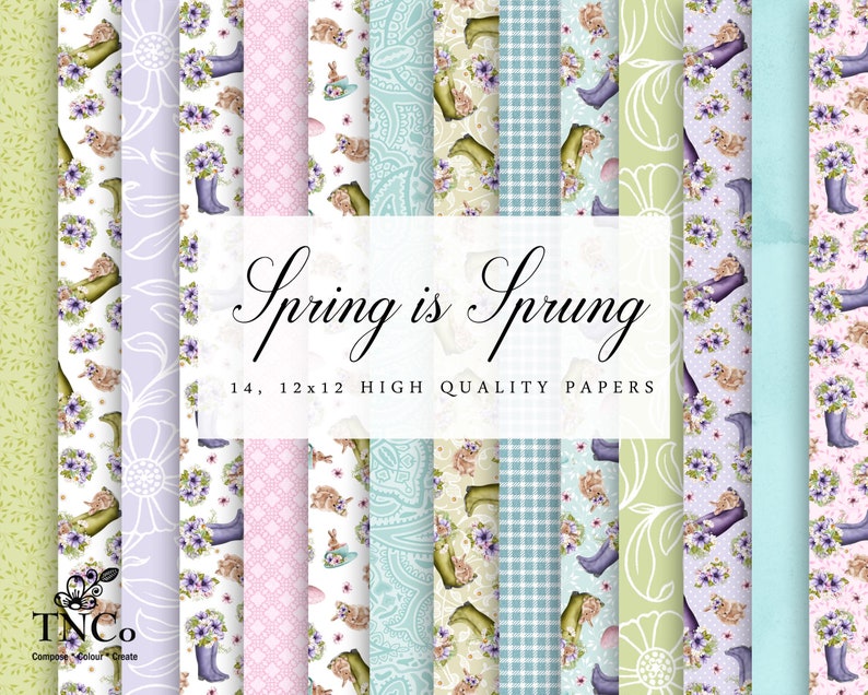 May include: A set of 14 digital papers featuring a spring theme with floral patterns, gingham, paisley, and bunnies. The papers are 12x12 inches and are high quality.