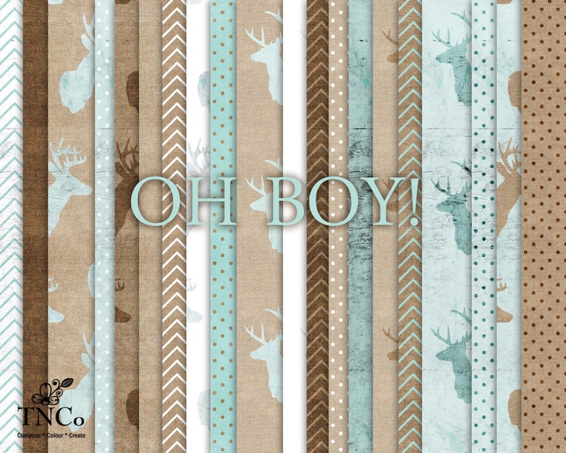 May include: A set of 12 digital paper patterns featuring a rustic, woodland theme. The patterns include various textures, such as burlap, wood grain, and polka dots. The colors are brown, beige, and light blue. The text "OH BOY!" is displayed in the center of the image.