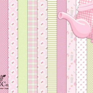 Könnte beinhalten: Eine Sammlung digitaler Papiere mit Mustern in Rosa und Grün. Designs umfassen Punkte, Streifen, Blumenmotive und ein Vichy-Muster. Eine rosa Gießkanne befindet sich in der oberen rechten Ecke. Der Text "TNC Co Compose * Colour * Create" befindet sich unten links.