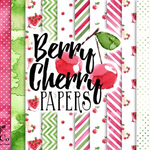 Cherry pattern paper - Watercolour cherry - 12 x 12 digital paper - Red Stripe paper pack - Printable cherry paper set - fruit paper