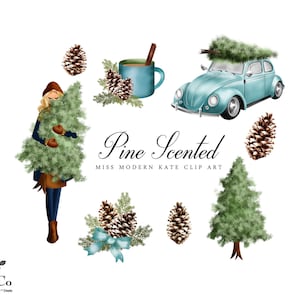 Christmas Clipart - Christmas Decoration - Car Clipart - Planner sticker clipart - Pine tree illustration - Commercial use Clip art - MK