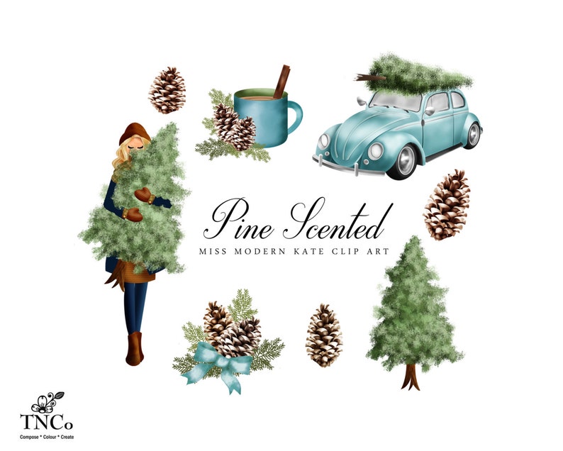 Christmas Clipart Christmas Decoration Car Clipart Planner sticker clipart Pine tree illustration Commercial use Clip art MK image 1