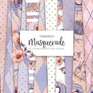 May include: A digital paper pack with 14 seamless patterns featuring a masquerade theme. The patterns include pink, blue, and gold colours with glitter accents. The patterns feature masks, flowers, pumpkins, and other decorative elements.