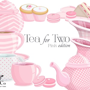 pink teapot clipart download, pink plaid dot tea cup illustration, pretty vintage style tea setting clipart set for limited commercial use