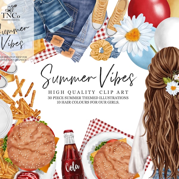 Summer clipart set - Flatlay graphics - Fashion clipart for planner stickers - Commercial use artwork - 4th of july Independence day clipart