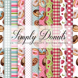 May include: A set of 14 digital papers featuring donut and strawberry designs. The papers are in a variety of colours and patterns, including pink, green, red, and blue. The text "Simply Donuts" is displayed in the centre of the image.