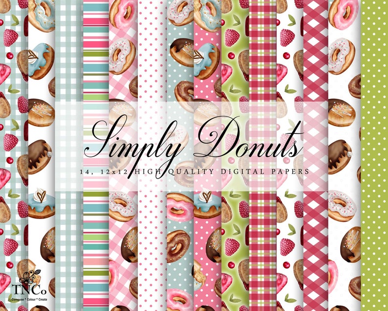 May include: A set of 14 digital papers featuring donut and strawberry designs. The papers are in a variety of colours and patterns, including pink, green, red, and blue. The text "Simply Donuts" is displayed in the centre of the image.