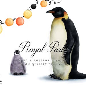 May include: A digital illustration of two penguins, one large and one small, with a string of orange and yellow lights above them. The text "Royal Party" is written in a decorative font below the penguins. The text "King & Emperor Penguin High Quality Clip Art" is written below the text "Royal Party".
