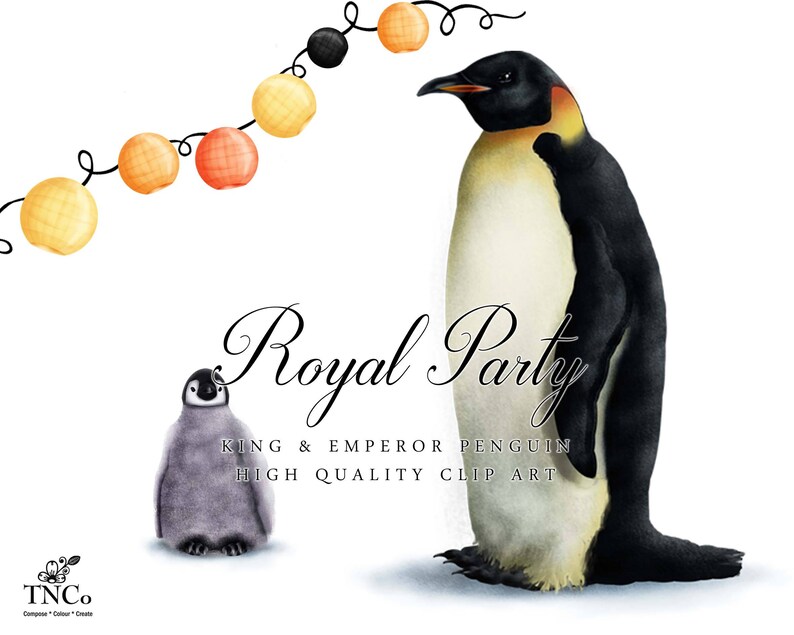 May include: A digital illustration of two penguins, one large and one small, with a string of orange and yellow lights above them. The text "Royal Party" is written in a decorative font below the penguins. The text "King & Emperor Penguin High Quality Clip Art" is written below the text "Royal Party".