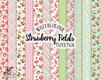 Strawberry printable papers - Fruit patterned paper - Watercolour strawberry paper pack - strawberry scrapbook background papers -