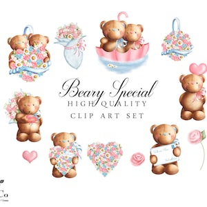 Aquarell Bär - Clipart - Liebe Clipart - Mütter Tag Clipart - Blumen Clipart - Einladung Grafik - kommerzielle Nutzung Clipart Gehalt