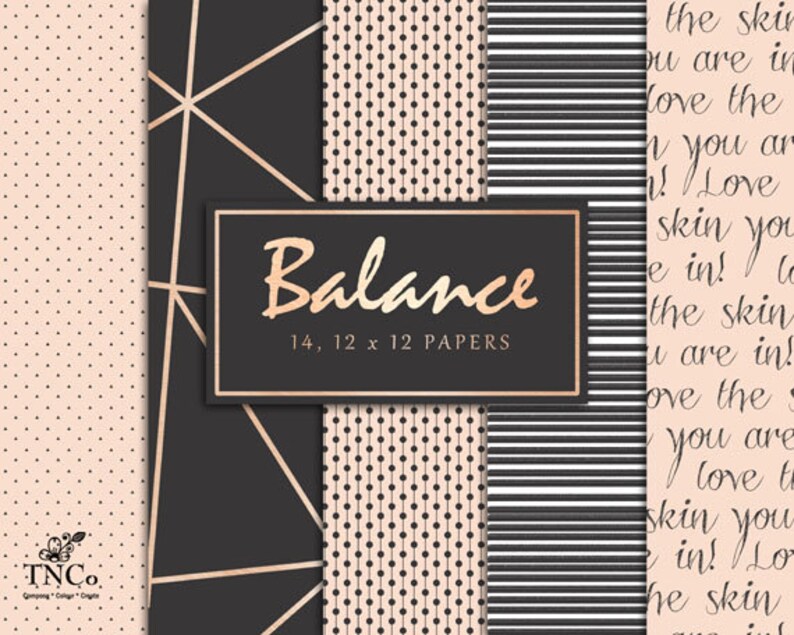 May include: A set of 14 digital papers in black, white, and pink with geometric patterns, polka dots, and stripes. The papers are 12 inches by 12 inches and are labelled "Balance".