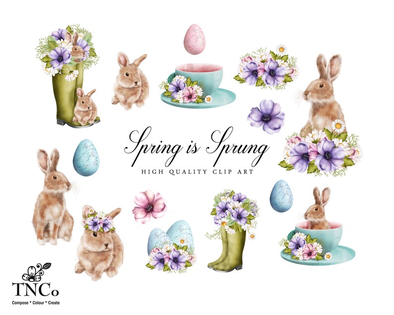 May include: A set of digital clip art featuring watercolor illustrations of bunnies, flowers, eggs, teacups, and boots. The text "Spring is Sprung" is written in a cursive font. High Quality Clip Art.