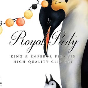 May include: A watercolor illustration of a king and emperor penguin with a black and white body and orange beak. The penguins are wearing a crown and a cape. The illustration is surrounded by a garland of orange and yellow lights. The text "Royal Party King & Emperor Penguin High Quality Clip Art" is written below the penguins.