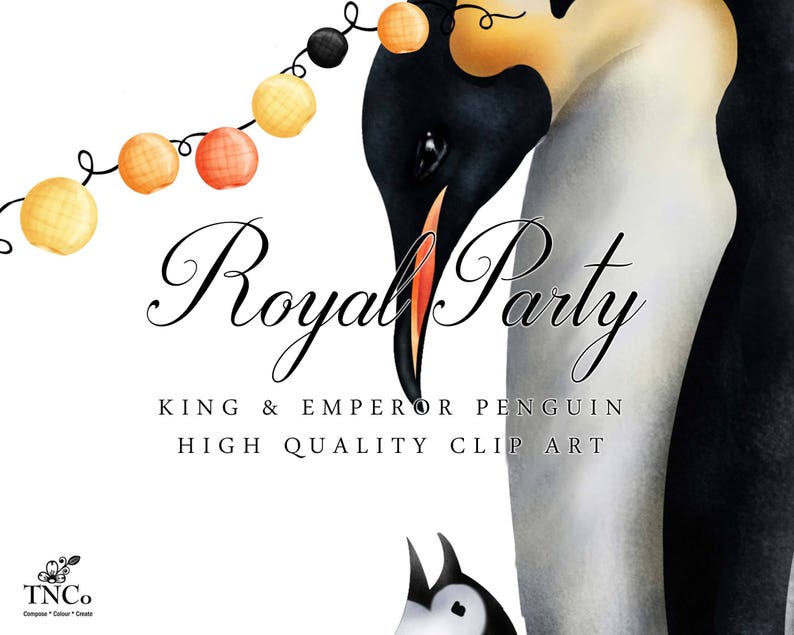 May include: A watercolor illustration of a king and emperor penguin with a black and white body and orange beak. The penguins are wearing a crown and a cape. The illustration is surrounded by a garland of orange and yellow lights. The text "Royal Party King & Emperor Penguin High Quality Clip Art" is written below the penguins.