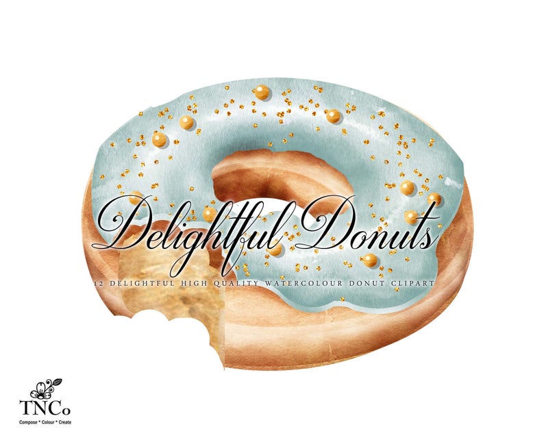 May include: A watercolour illustration of a light blue donut with gold sprinkles and a bite taken out of it. The donut is on a white background and the text "Delightful Donuts" is written in black cursive.