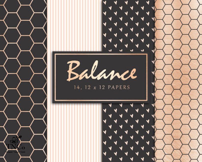 May include: A set of 14 digital paper patterns in a rose gold and black colour scheme. The patterns include a honeycomb design, a striped pattern, and a pattern of small hearts. The text "Balance 14, 12 x 12 Papers" is displayed on a black rectangle.