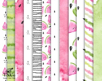 Watermelon Paper, Watercolour Watermelon, Watermelon Illustration, Pink Digital Paper Pack, 12 x 12 Paper Download, Commercial use ok. fruit