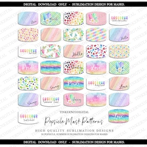 May include: A digital download of 30 colorful popsicle themed patterns for sublimation designs for masks. The patterns include various colors, stripes, and designs with text such as "Love", "Fresh", "Hello", "Fruity", "Pride", "Savage", "Summer Time", "Juicy", "Pretty Sweet", and "Chillin' like a villain".