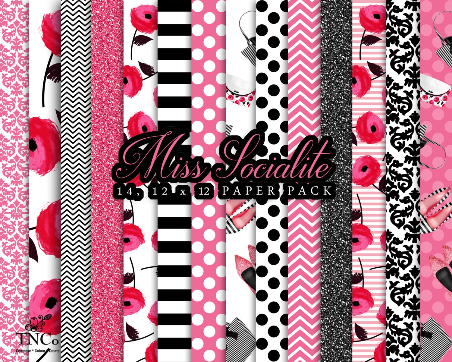 Floral digital paper - chevron paper - pink digital paper - digital g…
