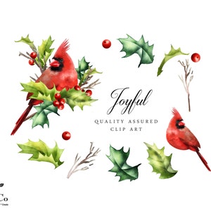 Cardinal Bird clipart - Watercolor clipart - Christmas clipart - Watercolor Holly Clipart - Festive Clipart - Holiday Clipart - Graphics