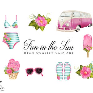 Camper Van Clipart - Tropical Clip art - Digital Clip art - Watercolor Clip art - Bikini set - Commercial Use Digital Clip art - Flowers