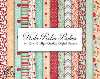 Cherry Digital Paper - Retro Digital paper - Chevron Digital Paper - Digital download - Commercial Use Digital Paper - Mint Digital Paper