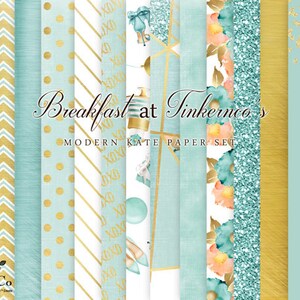 Peut inclure: Un ensemble de 10 papiers num&eacute;riques dans un sch&eacute;ma de couleurs moderne bleu sarcelle et or. Les papiers pr&eacute;sentent divers motifs, notamment des pois, des chevrons, des rayures et des motifs floraux. Le texte "Breakfast at Tinkerco's Modern Kate Paper Set" est affich&eacute; sur l'image.