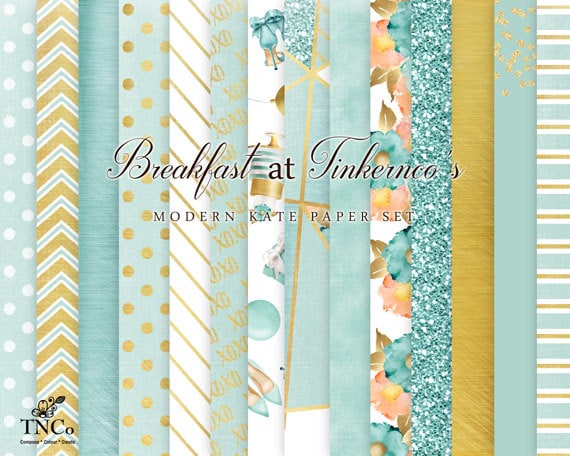 Mint and Gold - Digital Papers - Digital scrapbook Papers - Floral Digital Paper - Gold foil paper - Commercial use Digital paper - MK
