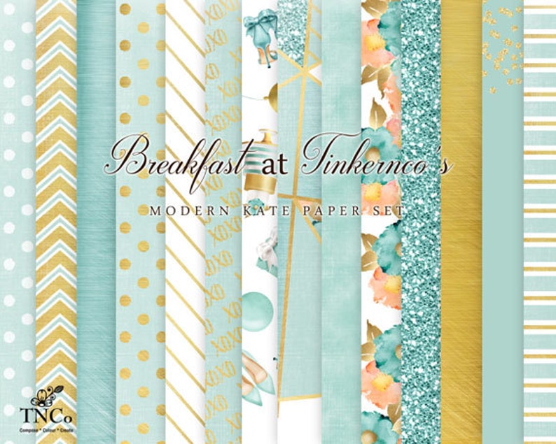 Peut inclure: Un ensemble de 10 papiers num&eacute;riques dans un sch&eacute;ma de couleurs moderne bleu sarcelle et or. Les papiers pr&eacute;sentent divers motifs, notamment des pois, des chevrons, des rayures et des motifs floraux. Le texte "Breakfast at Tinkerco's Modern Kate Paper Set" est affich&eacute; sur l'image.