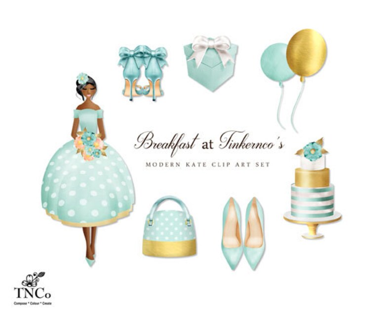 Peut inclure: Un ensemble de clipart num&eacute;rique repr&eacute;sentant une femme en robe &agrave; pois vert menthe, un sac &agrave; main vert menthe et or, un g&acirc;teau vert menthe et or, une bo&icirc;te cadeau vert menthe avec un n&oelig;ud blanc, une paire de chaussures vert menthe et deux ballons, un vert menthe et un or. Le texte "Breakfast at Tinkerco's" et "Modern Kate Clip Art Set" est &eacute;galement inclus.
