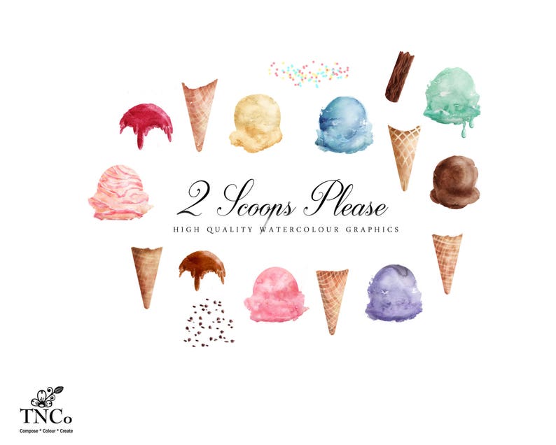 May include: Watercolor illustration of ice cream scoops and cones in various colors, including pink, blue, and brown. The text "2 Scoops Please" is displayed in elegant script, with "High Quality Watercolour Graphics" below.