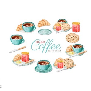 May include: Watercolor clipart set of coffee, croissants, and jam. The set includes a blue coffee cup, a croissant, a plate, a jar of jam, and a knife. The text "Hello Coffee Clip Art Set" is written in black.