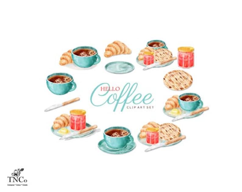 May include: Watercolor clipart set of coffee, croissants, and jam. The set includes a blue coffee cup, a croissant, a plate, a jar of jam, and a knife. The text "Hello Coffee Clip Art Set" is written in black.