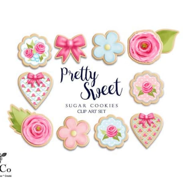 Cookie clip art - Rose cookies - Flower cookie clipart - Commercial clip art for small business - Pink rose illustration