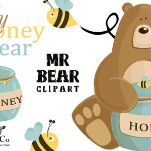May include: A brown bear with a honey pot and a bee. The bear is sitting on a honey pot and has a paw print on its foot. The text "MR BEAR CLIPART" is written in black letters on a white background.