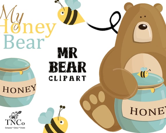 Bear clipart, bear printable, honey bear nursery print, Nursery illustration, honeycomb papers, Printable wall art, commercial use ok