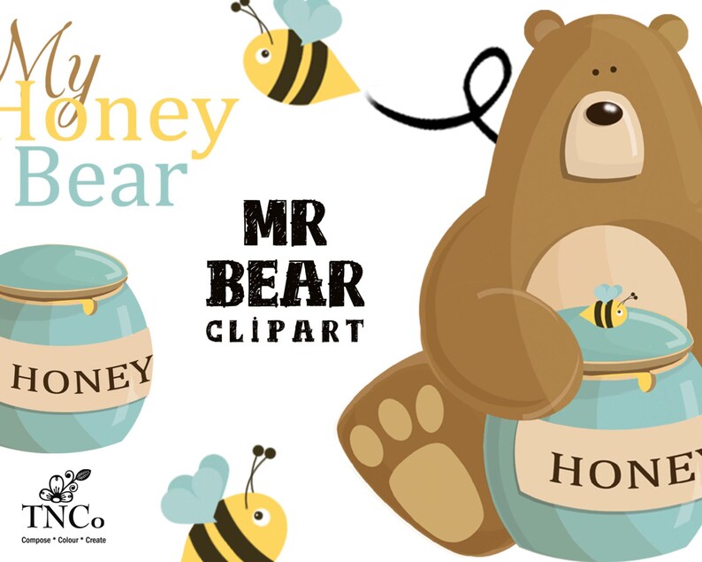 May include: A brown bear with a honey pot and a bee. The bear is sitting on a honey pot and has a paw print on its foot. The text "MR BEAR CLIPART" is written in black letters on a white background.