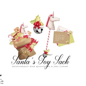 May include: A brown burlap sack filled with toys, including a teddy bear, candy canes, and wrapped presents. A white unicorn with a red mane is attached to a red and white striped stick. A red bell with a green holly sprig is hanging from the stick. The sack has a red ribbon and a tag that says "Joy". The text "Santa's Toy Sack" is written in a decorative font below the sack. The text "EXCEPTIONALLY HIGH QUALITY PNG & JPEG CLIPART" is written below the title.