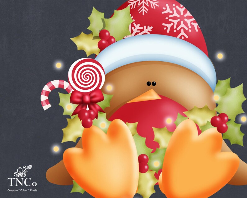 Puede incluir: Un petirrojo de dibujos animados con un gorro de Pap&aacute; Noel rojo con copos de nieve blancos, sosteniendo un adorno rojo y rodeado de hojas y bayas de acebo. El petirrojo tambi&eacute;n sostiene un bast&oacute;n de caramelo rojo y blanco y una piruleta roja y blanca en espiral.