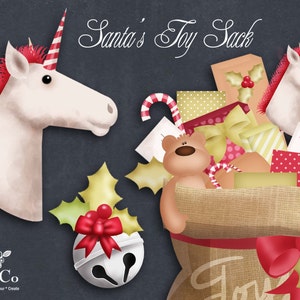 May include: A burlap sack filled with wrapped presents, candy canes, and a teddy bear. The sack is decorated with a red bow and holly. Two white unicorn head toys with red manes and candy cane sticks are on either side of the sack. The text "Santa's Toy Sack" is written above the sack.