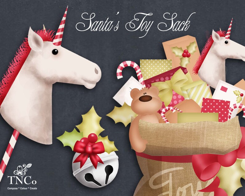 May include: A burlap sack filled with wrapped presents, candy canes, and a teddy bear. The sack is decorated with a red bow and holly. Two white unicorn head toys with red manes and candy cane sticks are on either side of the sack. The text "Santa's Toy Sack" is written above the sack.
