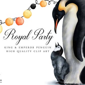 May include: A digital illustration of a king and emperor penguin with a string of orange and yellow lights above them. The text "Royal Party" is written in a decorative font above the penguins. The text "King & Emperor Penguin" and "High Quality Clip Art" is written below the penguins.