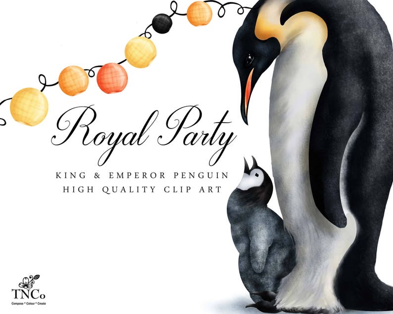 May include: A digital illustration of a king and emperor penguin with a string of orange and yellow lights above them. The text "Royal Party" is written in a decorative font above the penguins. The text "King & Emperor Penguin" and "High Quality Clip Art" is written below the penguins.