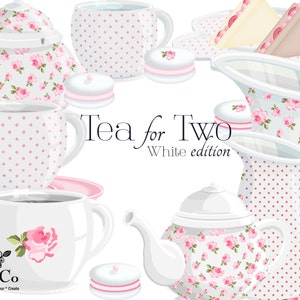 May include: A set of white teacups, teapot, creamer, and sugar bowl with pink floral and polka dot patterns. The set is labeled "Tea for Two White Edition".