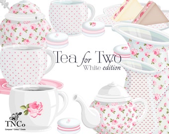 Teapot clip art - Rose tea set - Tea cup clipart - Polka dot teapot - Macaroon cookies - Tea party decor - Tea lovers - commercial use