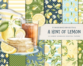 12 Lemon Seamless digital papers, Citrus summer digital scrapbooking backgrounds, Bonus lemon clipart and illustrations for commercial use 2