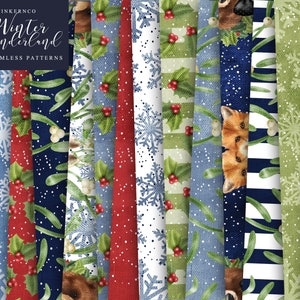 May include: A set of 14 digital seamless patterns featuring winter wonderland themes. The patterns include snowflakes, holly, mistletoe, foxes, and bears in a variety of colors, including red, green, blue, and white.