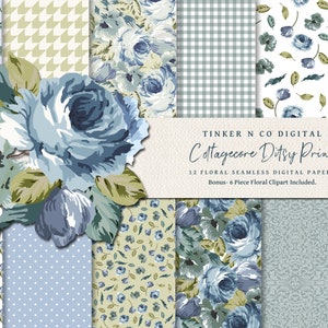 Op de afbeelding: Een verzameling van 12 bloemen naadloze digitale papieren met een cottagecore ditsy print. De papieren bevatten verschillende patronen in tinten blauw, groen en wit, waaronder bloemen, stippen en vichy. Bonus: 6-delige bloemen clipart inbegrepen.
