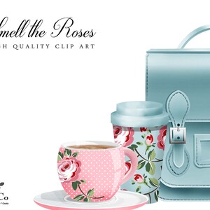 May include: A blue satchel bag with a white and pink floral patterned mug and a matching tumbler. The text "Smell the Roses" and "High Quality Clip Art" is displayed above the items.